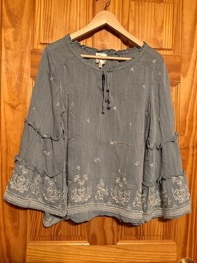 Fig and Flower Slate Blue Embroidered Ruffle-Sleeve Blouse
